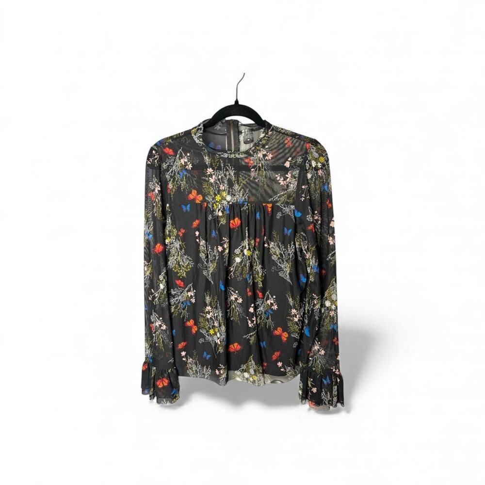 Worthington Black Floral Mesh High Neck Blouse Medium